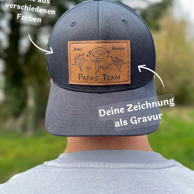 Personalisierte Basecap mit deiner Zeichnung graviert | individuelles Lederlabel mit Wunschmotiv | Lederpatch | Cap | Vatertagsgeschenk