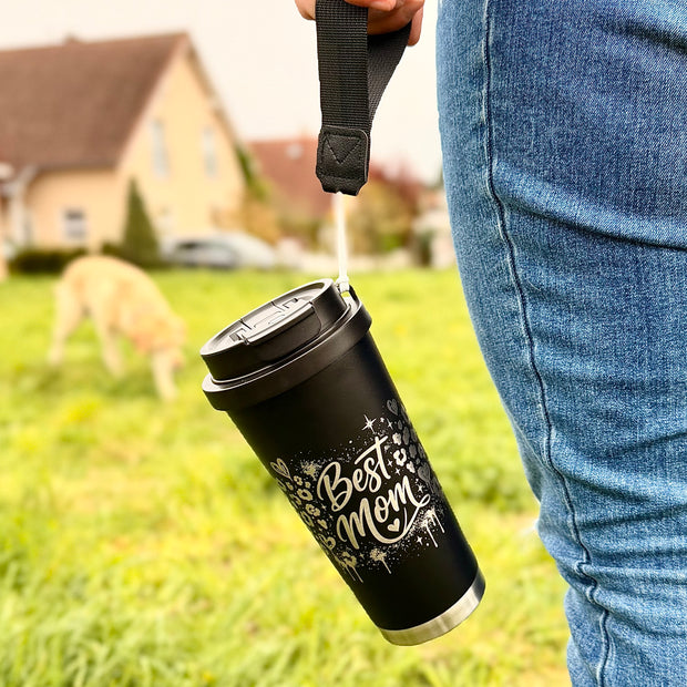 Personalisierter Best Mom | LEO Muster Kaffee Becher mit Name | To-Go Becher mit 2 Trinkfunktionen & Trageschlaufe | 500 ml