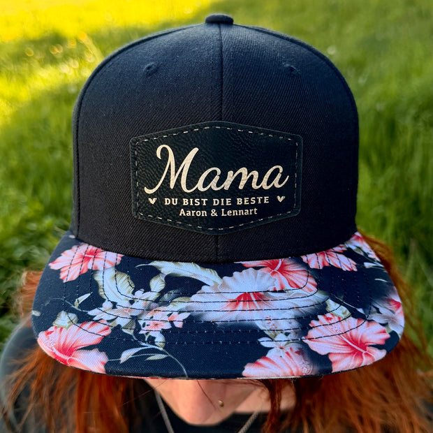 Personalisierte Basecap Flower | individuelles Lederlabel mit Wunschmotiv | Lederpatch | Cap | Muttertagsgeschenk