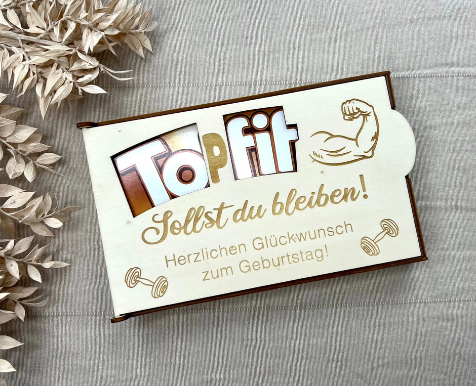 Mit deinem Wunschtext! Geburtstags-Geschenke Box "TOP FIT - sollst du bleiben!" inkl. Schokolade Kreativio