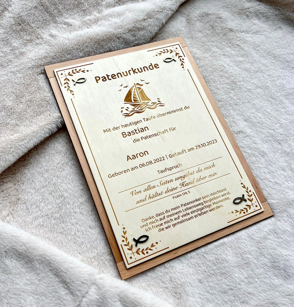 Patenurkunde "Segelschiff" aus Erlenholz Kreativio