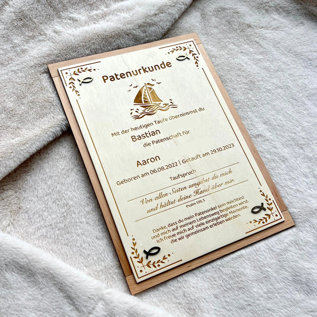 Patenurkunde "Segelschiff" aus Erlenholz Kreativio