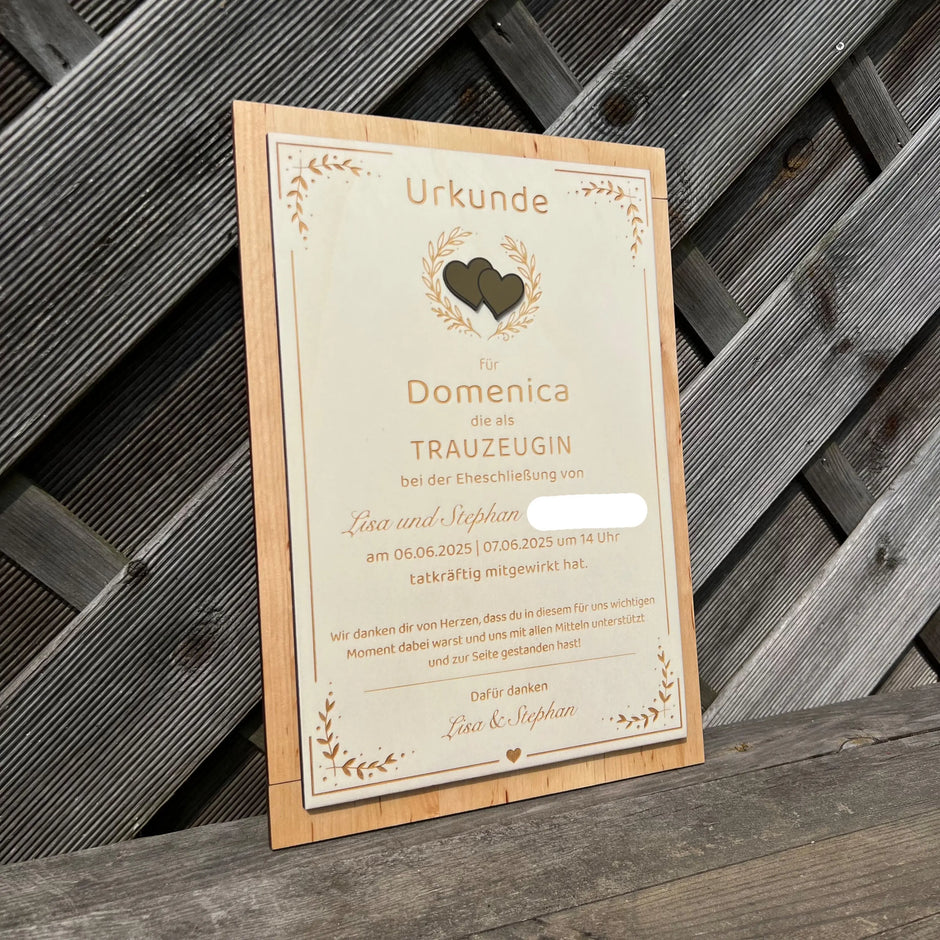 Trauzeugen-Urkunde aus Erlenholz Kreativio