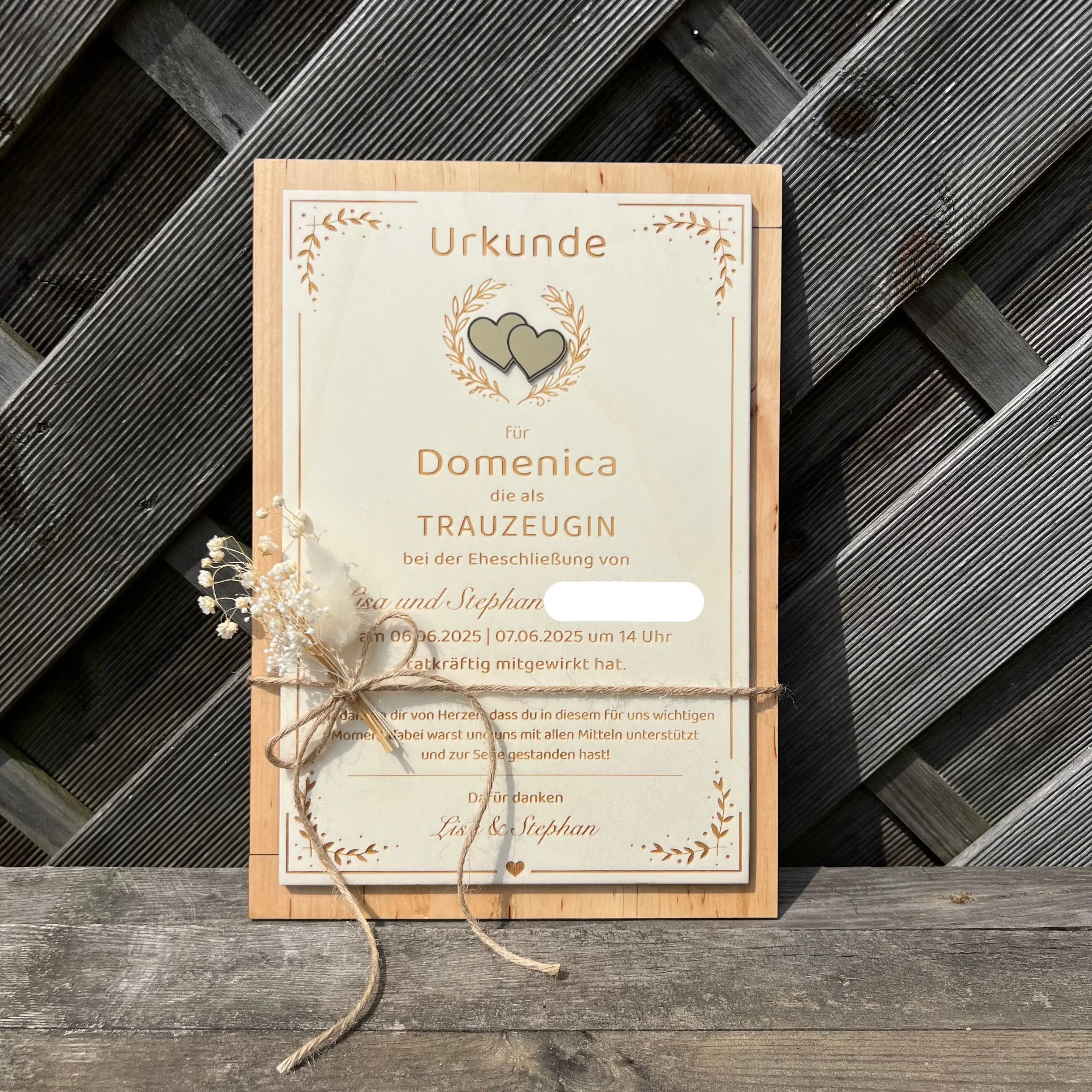 Trauzeugen-Urkunde aus Erlenholz Kreativio