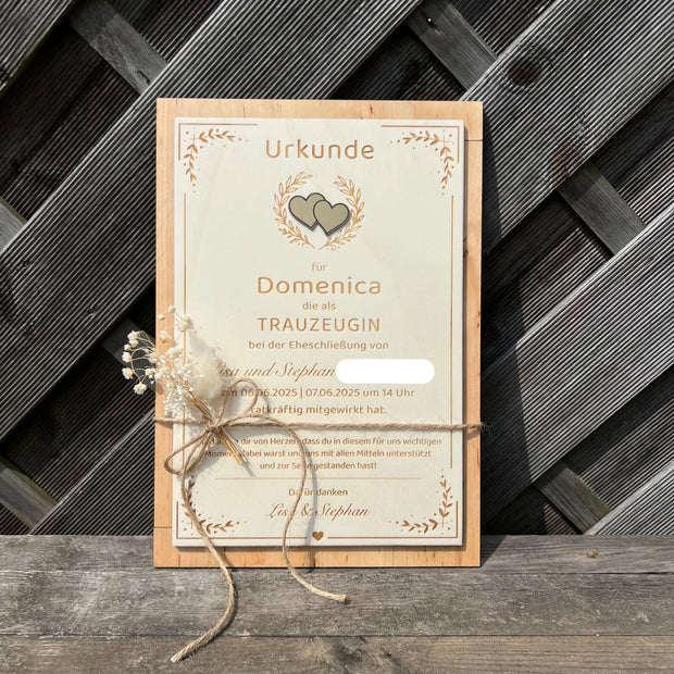 Trauzeugen-Urkunde aus Erlenholz Kreativio